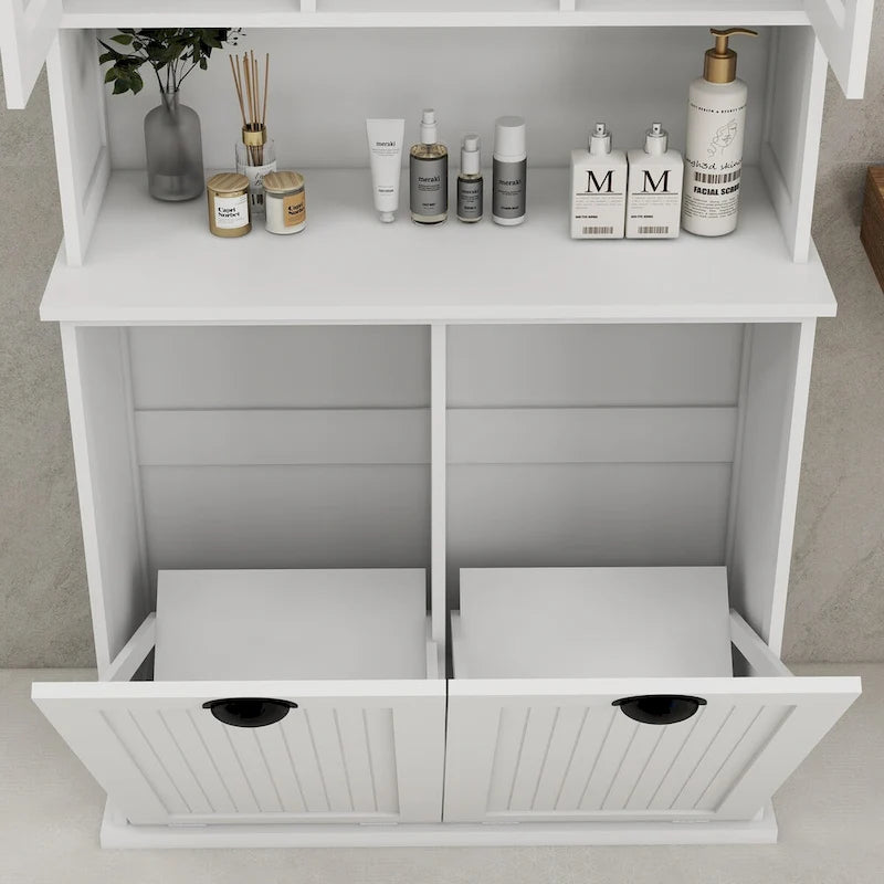 White Tall Bathroom Storage Cabinet with Two Laundry Compartments and Adjustable Shelves