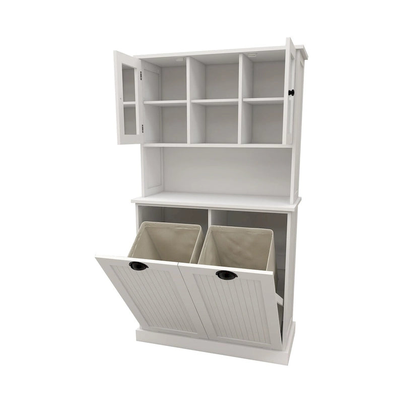 White Tall Bathroom Storage Cabinet with Two Laundry Compartments and Adjustable Shelves