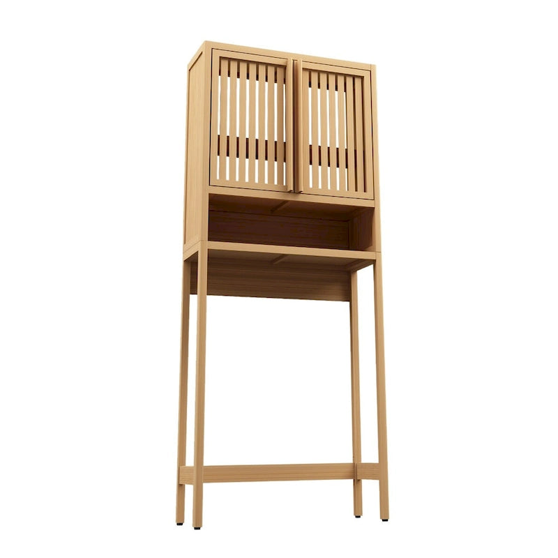 Over the Toilet Storage, 65 Tall Natural Bamboo Bathroom Shelf Organizer with 2 Door
