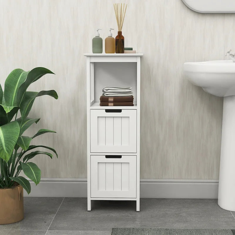 13W Narrow Floor Cabinet , 2-Drawer Bathroom Cabinet Organizer with Open Storage Shelf for Bath, Kitchen, Bedroom - White